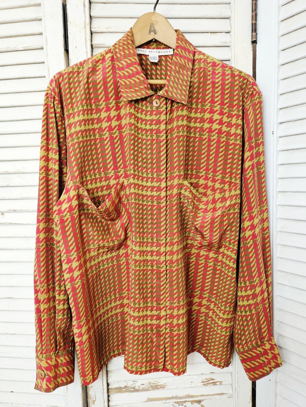 Vintage 90s 100% Silk Paul Alexander Houndstooth Print Blouse Mustard & Red M/L